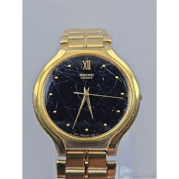 Seiko Quartz V701 6K09 Gold Tone Black Dial Mens Dress Watch New Battery Vintage - Picture 4 of 16
